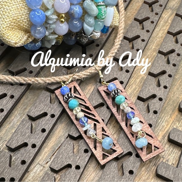 Aquamarine larimar dangle long boho jeweled statement earrings - Picture 1 of 3